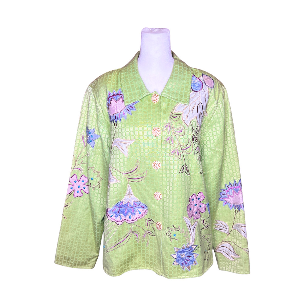 Vintage Embroidered Floral Jacket L Green Embroidered Art to Wear Whimsical Boho